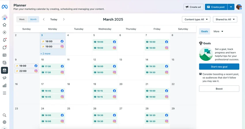 Sprint's content planner showing a full month of Facebook and Instagram posts scheduled for First Years Early Learning